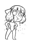 annoyed anthro arms_at_sides arms_bent bangs clothed clothing ears_down female grumpy hair hands_on_hips one-piece_swimsuit pivoted_ears puffed_cheeks short_hair simple_background solo standing swimwear wet wet_clothing white_background young young_anthro young_female jemciv bittersweet_candy_bowl molly_(bcb) abyssinian_cat domestic_cat felid feline felis mammal black_and_white monochrome