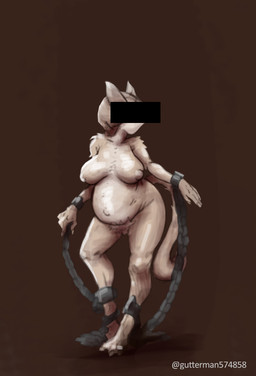 anthro bound breasts censor_bar chain chained cuff_(restraint) cuffs_(clothing) female pregnant pubes restraints sagging_breasts solo tail gutterman57 felid mammal sketch