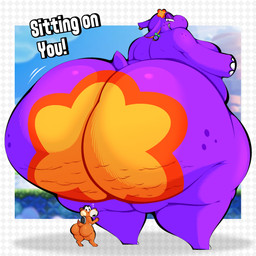ambiguous_gender anthro big_butt black_eyes butt cellulite duo exclamation_point female half-closed_eyes huge_butt huge_hips huge_thighs hyper hyper_butt larger_female looking_at_viewer looking_back narrowed_eyes nude open_mouth orange_body overweight overweight_anthro overweight_female purple_body question_mark size_difference smaller_ambiguous smile text thick_thighs wide_hips ekkokenight mario_bros nintendo super_mario_bros_wonder hoppo_(super_mario_bros_wonder) skedaddler 1:1 english_text hi_res
