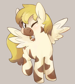 blonde_hair feathered_wings feathers female feral hair one_eye_closed simple_background solo stripes wings wink yellow_eyes zonkpunch hasbro my_little_pony mythology fan_character zebra_cake equid equine mammal mythological_creature mythological_equine pegasus digital_media_(artwork) hi_res