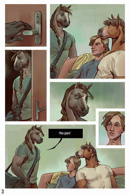 anthro barbell_piercing biped circular_barbell_piercing comic_panel ear_piercing facial_piercing group male male/male male_anthro male_human nose_piercing piercing septum_circular_barbell septum_piercing trio selezneva equid equine horse human mammal 2:3 comic hi_res