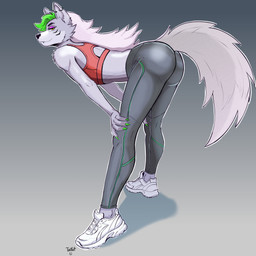 anthro bent_over big_butt bottomwear bra butt claws clothing eyeshadow fluffy fluffy_tail footwear fur green_claws green_hair hair leggings legwear looking_back machine makeup male pants presenting presenting_hindquarters purple_eyeshadow shoes simple_background sneakers solo sports_bra sportswear tail thick_thighs underwear white_body white_clothing white_footwear white_fur white_shoes white_sneakers yellow_eyes yoga_pants taikat five_nights_at_freddy's five_nights_at_freddy's:_security_breach scottgames steel_wool_studios roxanne_wolf animatronic canid canine canis mammal robot wolf 1:1 cel_shading digital_media_(artwork) full-length_portrait hi_res portrait shaded