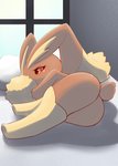 anthro bed brown_body brown_fur butt covering_chest female fur furniture long_ears lying on_model on_side pillow red_eyes solo three-quarter_view window unousaya nintendo pokemon generation_4_pokemon lagomorph lopunny mammal pokemon_(species) 2018 digital_media_(artwork) shaded