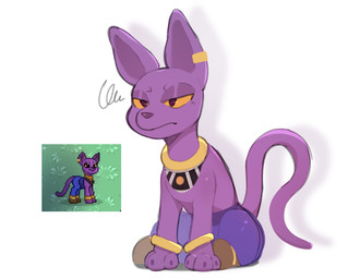 3_fingers alternate_species ambiguous_gender big_ears bottomwear bracelet brown_eyes clothing ear_piercing ear_ring feral fingers gold_(metal) gold_bracelet gold_ear_ring gold_jewelry gold_necklace hooves jewelry long_tail narrowed_eyes necklace pants paws piercing purple_body purple_bottomwear purple_clothing purple_ears purple_pants purple_skin ring_piercing simple_background sitting solo tail toony white_background yellow_sclera meatshaq dragon_ball dragon_ball_super beerus equid equine felid feline hybrid mammal 2026 colored digital_drawing_(artwork) digital_media_(artwork) flat_colors hi_res reference_image shaded simple_shading
