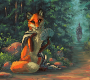 asian_clothing cloak clothing duo fanning female feral forest fur male orange_body orange_fur plant pointy_ears trail tree yellow_eyes choedan-kal the_fox_woman unnamed_character canid canine fox human mammal red_fox true_fox