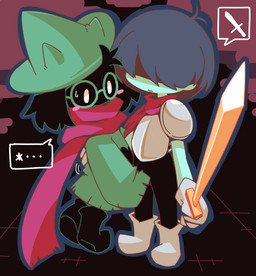 black_body black_fur blush clothed clothing dialogue_box duo eyewear floppy_ears fur glasses hat headgear headwear male melee_weapon robe scarf sword weapon witch_hat crepix deltarune undertale_(series) kris_dreemurr ralsei bovid caprine darkner goat human mammal 2018 lol_comments