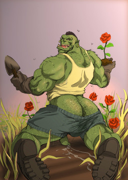 biceps big_muscles bodily_fluids body_hair bottomwear bottomwear_down butt butt_hair clothed clothing cum cum_on_ground ear_piercing flower footwear genital_fluids genitals gloves green_body green_skin grin hairy handwear humanoid_pointy_ears kneeling looking_at_viewer looking_back male manly mohawk muscular muscular_humanoid muscular_male not_furry on_ground open_mouth pants pants_down partially_clothed penis penis_poking_out penis_through_leghole piercing plant pointy_ears quads rear_view rose_(flower) shoes shorts shorts_down smile solo spread_legs spreading sweat triceps tusks kupopo humanoid orc full-length_portrait portrait