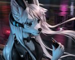 anthro black_clothing clothing collar detailed_background ear_piercing ear_ring eyebrow_piercing facial_piercing female fur hair night piercing ring_piercing solo spiked_collar spikes vape white_body white_fur white_hair eruca canid canine canis domestic_cat felid feline felis hybrid mammal wolf digital_media_(artwork) digital_painting_(artwork) half-length_portrait portrait shaded