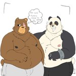 anthro belly blush bracelet clothed clothing duo embarrassed eyewear glasses grin jewelry male male/male moobs navel nipples overweight ring smile spiked_bracelet spikes topless topless_anthro topless_male rockaus15 mihoyo zenless_zone_zero ben_bigger pan_yin_hu bear giant_panda mammal hi_res