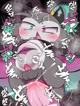 abdominal_bulge anal anal_penetration animal_genitalia animal_penis anthro anthro_penetrated balls belly belly_eye big_penis black_horn blue_eyes blush bodily_fluids cheek_tuft chibi cum cum_splatter cum_while_penetrated cumshot disembodied_penis ejaculation extreme_penetration facial_tuft fur genital_fluids genitals grey_balls grey_body grey_fur heterochromia horn huge_penis looking_down male male/male male_penetrated male_penetrating male_penetrating_male open_mouth penetration penis pink_penis purple_eyes red_penis sex size_difference triangle_mouth tuft white_belly white_body white_fur wings badwingm devil_connection makemon devilun_(makemon) demon 3:4 hi_res