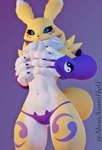 anthro bikini blue_eyes clothing eyelashes female looking_at_viewer navel purple_background simple_background solo swimwear two-piece_swimsuit alexaazura bandai_namco digimon canid digimon_(species) mammal renamon 3d_(artwork) digital_media_(artwork) hi_res