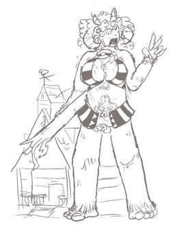 anthro bikini building clothing curly_hair female gesture hair hand_gesture horn house macro macro_female plant solo swimwear tree two-piece_swimsuit v_sign woodhouse3d nephilim hi_res monochrome