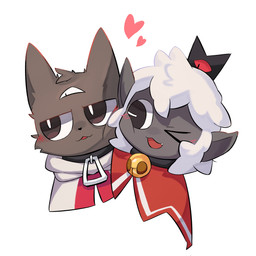 ambiguous_anthro ambiguous_gender anthro bell bell_collar blush clothed clothed_ambiguous clothing collar fur head_tuft heart_symbol looking_away male open_mouth open_smile smile tuft white_body white_fur white_wool wool_(fur) weeruka cult_of_the_lamb massive_monster_(studio) lamb_(cult_of_the_lamb) narinder red_crown_(cult_of_the_lamb) bovid caprine domestic_cat felid feline felis mammal sheep 1:1 2025 absurd_res digital_drawing_(artwork) digital_media_(artwork) hi_res