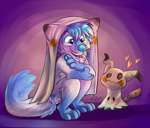 ambiguous_gender anthro barefoot bed_sheet bedding bedsheet_ghost biped black_body black_tail blue_body blue_eyes blue_fur blue_hair blue_markings blue_nose blue_tail blush chest_tuft crouching cute_fangs duo eyebrows facial_markings fangs feet fluffy fluffy_tail front_view fur gloves_(marking) gradient_background gradient_fur hair head_markings heart_(marking) heart_symbol leg_markings looking_down male markings multicolored_body multicolored_fur multicolored_tail nude simple_background smile snout socks_(marking) tail teeth tuft two_tone_body two_tone_fur two_tone_tail white_body white_fur white_tail waywardmutt nintendo pokemon sly_(slyburnsbrighter) arctic_fox canid canine fox generation_7_pokemon ghost mammal mimikyu pokemon_(species) spirit true_fox 2016 digital_media_(artwork) signature