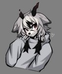 anthro black_highlights black_nose blush broken_horn brown_eyes clothed clothing grey_background grey_clothing grey_hoodie grey_topwear hair heart_symbol highlights_(coloring) hoodie horn long_sleeves simple_background snout solo topwear white_hair mayrin_(artist) mammal 2024 absurd_res bust_portrait digital_media_(artwork) hi_res portrait shaded