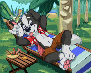 anthro barefoot black_body black_fur black_nose blue_sky bottomwear brown_bottomwear brown_clothing brown_shorts clothed clothing day feet food fur glistening glistening_eyes grass holding_cocktail logo looking_at_viewer lying male navel on_back open_clothing open_mouth open_smile open_topwear outside pawpads pink_pawpads plant red_clothing red_topwear shorts sky smile solo topwear tree white_body white_fur young young_anthro young_male pandapaco roni_(imroni) border_collie canid canine canis collie domestic_dog herding_dog mammal pastoral_dog sheepdog artist_logo signature