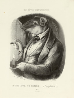 anthro ascot candle candle_holder clothed clothing coat cutlery fur holding_object keg kitchen_utensils looking_at_viewer male solo spoon text tools topwear vest whiskers edmond_hedouin mammal murid murine rat rodent 1858 19th_century absurd_res ancient_art french_text greyscale hi_res monochrome