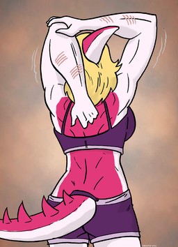 anthro athletic athletic_anthro athletic_female athletic_wear biped blonde_hair bone_frill bottomwear bra brown_background butt clothing female fingers frill_(anatomy) furgonomic_bottomwear furgonomics gym_bottomwear gym_shorts hair humanoid_hands medium_hair motion_lines multicolored_body multicolored_scales pink_body pink_scales purple_bottomwear purple_bra purple_clothing purple_shorts purple_underwear rear_view scales scar shorts simple_background solo spiked_tail spikes spikes_(anatomy) sports_bra standing stretching stretching_arms tail text two_tone_body two_tone_scales underwear white_body white_scales theviktor cavemanon_studios i_wani_hug_that_gator mia_moretti dinosaur hadrosaurid ornithischian ornithopod parasaurolophus prehistoric_species reptile scalie 2024 artist_name colored half-length_portrait portrait