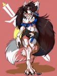 anthro big_breasts breasts brown_hair cleavage clothed clothing dagger female hair melee_weapon mirror_universe nipples piercing pubes red_eyes solo tail teasing terran_empire undressing uniform weapon fenrir_lunaris star_trek lassie_lunaris canid canine canis mammal wolf 2012 3:4