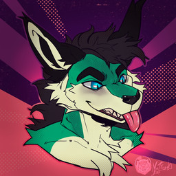 blue_eyes fangs inner_ear_fluff male pattern_background simple_background smile solo teeth tongue tongue_out tuft mattiyyah_lion canid canine fox hybrid mammal 1:1 absurd_res hi_res shaded