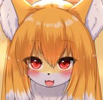 anthro black_nose blonde_hair blush bodily_fluids countershading cute_fangs eye_through_hair fangs female female_anthro fluffy fur hair inner_ear_fluff kemono long_hair looking_at_viewer multicolored_body multicolored_fur multicolored_hair neck_tuft open_mouth red_eyes solo sweat sweatdrop teeth tongue translucent translucent_hair tuft two_tone_body two_tone_fur two_tone_hair white_body white_fur white_hair yellow_body yellow_fur horokusa0519 nio_(horokusa) canid canine fox mammal 2023 cropped digital_media_(artwork) headshot_portrait portrait