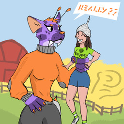 annoyed antennae_(anatomy) anthro barn bottomwear breasts brown_hair butt chat_box claws clothing countryside dialogue duo eyelashes eyeshadow fangs female female/female female_anthro female_human fence finger_claws fingers footwear fur green_clothing grin hair hand_on_hip head_markings head_tuft holding_another holding_character humor inner_ear_fluff larger_anthro larger_female makeup markings orange_clothing orange_nose pants purple_body purple_fur sabertooth_(anatomy) shoes shorts size_difference skinny sky smaller_female smaller_human smile sneakers standing sweater teeth tinfoil_hat toony topwear tuft unimpressed weapon sabrecheeta zogxx(sabrecheeta) alien felid human mammal 1:1 digital_media_(artwork) krita_(artwork)