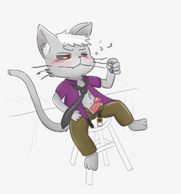 alcohol anthro barefoot belt beverage biped bottomwear circumcised clothed clothing drunk erection feet front_view furniture genitals glass holding_glass holding_object humanoid_genitalia humanoid_penis male necktie open_bottomwear open_clothing open_pants open_shirt open_topwear pants penis reclining shirt sitting solo stool substance_intoxication topwear whiskers wattacat domestic_cat felid feline felis mammal hi_res