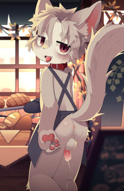 4_fingers anthro anus apron apron_only backsack bakery baking balls blush blush_lines bodily_fluids body_blush bread circle_eyebrows clothing collar cooking cum cute_fangs eyebrows fangs fingers food fur genital_fluids genitals grey_apron grey_clothing hair inner_ear_fluff kemono leaking_cum long_tail looking_at_viewer male mostly_nude narrowed_eyes open_mouth outline pawpads penis pink_inner_ear pink_pawpads pupils rear_view red_collar red_eyes shota solo standing sweat tail tan_body tan_face tan_fur tan_hair tan_nose teeth tongue tongue_out triangle_nose tuft white_inner_ear_fluff young young_anthro young_male eisuke_art mammal 2022 absurd_res digital_media_(artwork) hi_res