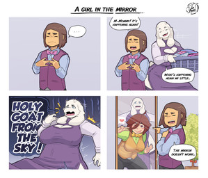 anthro big_breasts blue_eyes breasts brown_hair clothing dialogue ellipsis female fur gesture group hair hand_gesture heart_clothing heart_cutout heart_symbol laundry_basket legwear male mirror open_mouth pointing red_eyes speech_bubble stockings text thigh_highs tongue trio v_sign white_body white_fur cumbread undertale undertale_(series) chara_(undertale) frisk_(undertale) toriel boss_monster_(undertale) bovid caprine human mammal 2022 absurd_res english_text hi_res