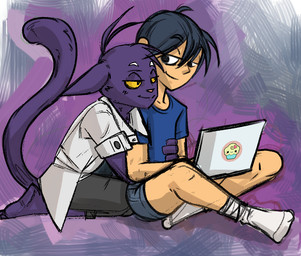 anthro black_hair blue_bottomwear blue_clothing blue_shirt blue_shorts blue_t-shirt blue_topwear bottomwear clothed clothing computer cupcake duo electronics food footwear fully_clothed fur grey_bottomwear grey_clothing grey_pants hair laptop long_tail male male/male monotone_body monotone_fur on_ground pants pink_nose purple_background purple_body purple_fur shirt shorts simple_background sitting smile socks sticker t-shirt tail topwear white_clothing white_dress_shirt white_footwear white_socks yellow_sclera geminidragon morenatsu hiroyuki_nishimura shin_kuroi domestic_cat felid feline felis human mammal 2015