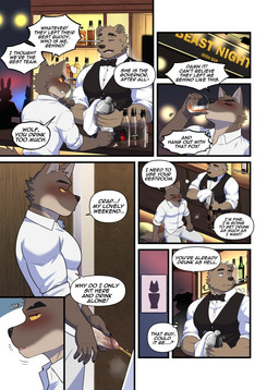alcohol anthro beverage black_nose bodily_fluids brown_body brown_fur clothed clothing dialogue drunk duo fur genital_fluids genitals humanoid_genitalia humanoid_penis male muscular muscular_anthro muscular_male peeing penis shirt substance_intoxication text topwear urine luwei_(artist) dreamworks the_bad_guys mr._wolf_(the_bad_guys) bear canid canine canis mammal wolf 2022 comic english_text