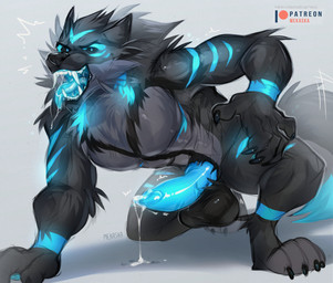 animal_genitalia animal_penis anthro athletic athletic_male balls big_balls big_penis black_body bodily_fluids canine_genitalia canine_penis cum cum_on_ground cum_string erection fur genital_fluids genitals hair knot male male_anthro nude open_mouth penis precum saliva solo tail teeth throbbing throbbing_penis tongue tongue_out mekaska xanrel_(xanrel_nightglow) canid canine canis mammal wolf hi_res