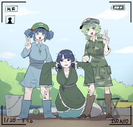 asian_clothing blue_boots blue_bottomwear blue_clothing blue_eyes blue_footwear blue_hair blue_shirt blue_skirt blue_topwear boots bottomwear bucket camera_overlay camo camo_bottomwear camo_clothing camo_hat camo_headgear camo_headwear camo_print camo_shirt camo_skirt camo_topwear clothing container drill_curls east_asian_clothing female footwear frilly frilly_clothing gesture green_clothing green_eyes green_hair green_hat green_headwear green_kimono group hair hand_gesture hat headgear headwear japanese_clothing key kimono lifting pattern_bottomwear pattern_clothing pattern_hat pattern_headgear pattern_headwear pattern_shirt pattern_skirt pattern_topwear shirt shoes skirt split_form topwear trio v_sign frogsnake2000 touhou nitori_kawashiro takane_yamashiro wakasagihime human mammal marine merfolk