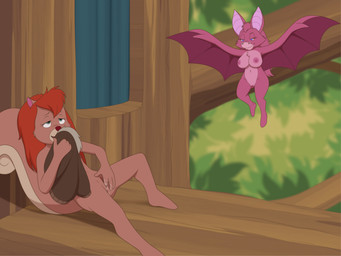 anthro big_breasts bodily_fluids breasts brown_body brown_fur clothing coat duo female fluffy fluffy_tail fur genital_fluids green_eyes hair masturbation membrane_(anatomy) membranous_wings navel nude nude_anthro nude_female orange_hair outside scut_tail short_tail sniffing sniffing_clothes spread_wings tail topwear vaginal vaginal_fluids vaginal_fluids_on_hand vaginal_masturbation winged_arms wings sfan chip_'n_dale_rescue_rangers disney foxglove_(cdrr) tammy_squirrel bat mammal rodent sciurid tree_squirrel 4:3