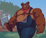 anthro axe brown_body brown_fur clothing fur holding_object kerchief log male musclegut muscular neckerchief neckwear overalls red_kerchief red_neckerchief solo walking wood jasperthecrab little_bear uncle_rusty_(little_bear) bear mammal ursine hi_res