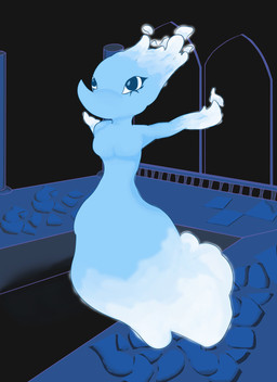 anthro big_nose blue_body blue_eyes clothing dress eyelashes female floating flowing_hair hair solo spread_arms stone_floor water dustiebunnie deltarune undertale_(series) miss_mizzle darkner elemental_creature humanoid mizzle_(deltarune) water_creature water_nymph absurd_res hi_res