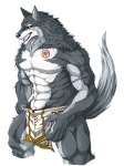 abs anthro biceps bottomwear claws clothed clothing fangs fur grey_body grey_fur loincloth looking_at_viewer male muscular muscular_anthro muscular_male open_mouth pecs simple_background solo tail tattoo teeth tongue topless underwear white_background white_body white_fur yellow_eyes ig1119 canid canine canis mammal wolf 3:4