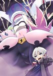 anthro digivice duo electricity female grey_hair hair macro male midriff pink_body tentacles hase_popopo bandai_namco digimon digimon_ghost_game kiyoshiro_higashimitarai digimon_(species) human humanoid mammal teslajellymon absurd_res hi_res