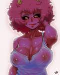 big_breasts black_sclera bodily_fluids breasts clothing female hair heart_eyes heart_symbol horn nipples not_furry pink_body pink_hair pink_skin shirt simple_background solo sweat tongue tongue_out topwear vein veiny_breasts wet wet_clothing wet_shirt wet_topwear white_background yellow_eyes randomboobguy my_hero_academia ashido_mina horned_humanoid humanoid mammal 2019 4:5 hi_res