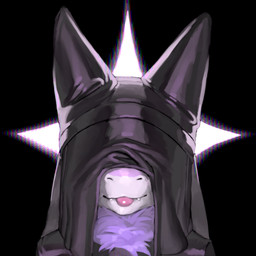 ambiguous_gender anthro aura aureola black_background black_clothing blep chest_tuft clothed clothing covered_face fur glowing headdress headgear headwear purple_body purple_fur rim_light simple_background smile solo teeth teeth_showing tongue tongue_out topwear tuft white_body white_fur conditional_dnp voidpastelchalk duaran 1:1 absurd_res detailed digital_media_(artwork) headshot_portrait hi_res icon portrait