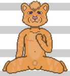 andromorph anthro blue_eyes blush fur genitals intersex mastectomy_scar nervous orange_body orange_fur pubes pussy scar sitting smile solo visibly_trans whisker_spots white_body white_fur toridiaz felid lion mammal pantherine digital_media_(artwork) pixel_(artwork)