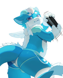 anthro chibi_wings clothed clothing feathered_wings feathers fur horn jockstrap jockstrap_only kemono male shaking_object simple_background solo topless underwear underwear_only white_background wings hauhau_mg mythology dragon furred_dragon furred_scalie mythological_creature mythological_scalie scalie absurd_res hi_res