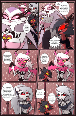 angry anthro argument asphyxiation big_breasts bottomwear breast_squish breasts choking clothing crop_top dialogue eyelashes female glistening_eyelids group larger_female long_eyelashes male male/female profanity shirt shorts size_difference smaller_female smaller_male soft_abs squish text tight_clothing topwear tuft gatojack3 hellaverse helluva_boss mythology loona_(helluva_boss) millie_(helluva_boss) moxxie_(helluva_boss) stella_(helluva_boss) verosika_mayday canid canid_demon canine demon hellhound humanoid imp mammal mythological_canine mythological_creature owl_demon succubus absurd_res comic english_text hi_res
