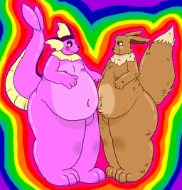 anthro areola belly big_belly big_tail blush bright_colors dark_areola dark_nipples duo eyelashes fin fluffy frill_(anatomy) half-closed_eyes male male/male moobs narrowed_eyes navel neck_tuft nipples overweight overweight_male pawpads paws rainbow rainbow_background simple_background tail tuft cetacean69 nintendo pokemon canid eevee eeveelution generation_1_pokemon mammal pokemon_(species) shiny_pokemon vaporeon