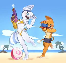 anthro arm_tuft ball beach beach_ball big_ears bikini blue_eyes blush breasts bulge clothing duo ear_piercing ear_ring eyebrows eyewear eyewear_on_head feet female fluffy fluffy_tail fur goggles goggles_on_head gold_bikini green_eyes inflatable male male/female navel one_eye_closed open_mouth orange_body orange_fur outside piercing ring_piercing sea seaside shoulder_tuft sky striped_body striped_fur stripes swimming_trunks swimwear tail tail_tuft toy toy_gun tuft two-piece_swimsuit water water_gun white_body white_fur yellow_body yellow_fur kyuuoku ratchet_and_clank sony_corporation sony_interactive_entertainment ratchet_(ratchet_and_clank) rivet_(ratchet_and_clank) lombax mammal 2025 absurd_res hi_res