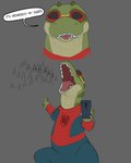 anthro braces cellphone electronics eyewear goggles male open_mouth phone screaming semi-anthro solo spider-man_suit teeth benji_(artist) it_is_wednesday_my_dudes marvel spider-man_(series) benji_alligator_(benji) alligator alligatorid crocodilian reptile scalie 4:5 hi_res meme