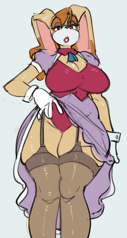 anthro big_breasts breasts cleavage clothed clothing clothing_lift curvy_figure dress dress_lift eyelashes female flashing_panties floppy_ears fully_clothed garter_straps gloves grey_background hair half-closed_eyes handwear legwear lipstick long_ears looking_at_viewer makeup mature_female narrowed_eyes orange_hair panties pink_lipstick red_clothing red_panties red_underwear short_hair simple_background solo standing stockings thick_thighs thigh_highs underwear voluptuous wide_hips not_enough_milk sega sonic_the_hedgehog_(series) vanilla_the_rabbit lagomorph leporid mammal rabbit 2025 guide_lines hi_res