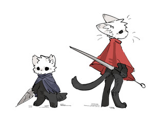 ambiguous_gender anthro black_body black_eyes black_fur cloak clothed clothing daww duo empty_eyes fur holding_melee_weapon holding_object holding_weapon inner_ear_fluff melee_weapon mouth_closed nail_(weapon) red_cloak red_clothing simple_background tail tuft weapon white_background white_body white_fur aaasakawa hollow_knight_(franchise) team_cherry hornet_(hollow_knight) the_knight_(hollow_knight) felid feline mammal hi_res female_(lore) half_sister_(lore) sibling_(lore) sister_(lore)
