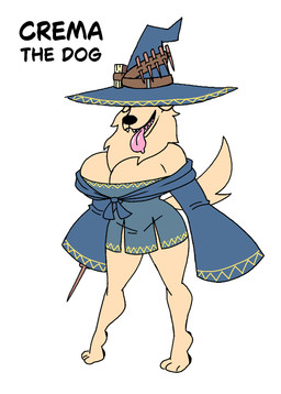 anthro barefoot big_breasts breasts clothing feet female fur hat headgear headwear huge_breasts magic_user oversized_sleeves sharp_teeth solo teeth tongue tongue_out wand witch witch_hat diegutan crema_the_dog canid canine canis domestic_dog mammal hi_res model_sheet