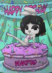 adolescent anthro banner big_head biped birthday birthday_cake black_eyes black_hair breasts buckteeth cake candle cape clothing confetti convenient_censorship dessert eyelashes feet female fingers food frosting frosting_on_breasts fur grey_body grey_ears grey_fur grey_nose hair half-closed_eyes humanoid_feet long_hair looking_at_viewer narrowed_eyes navel nude nude_anthro nude_female plantigrade pop_out_cake small_breasts solo teeth young young_anthro young_female h1draw everyone_else_has_had_more_sex_than_me tism lagomorph leporid mammal rabbit tism_rabbit 2023 absurd_res hi_res